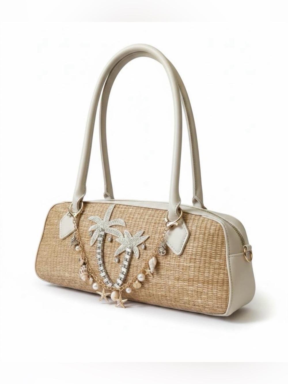Raffia Handbag with Rhinestone Palm Trees & Seashell Charm | Resort Beach Purse